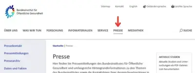 Screenshot der Seite bioeg.de mit rotem Pfeil auf ausgewählter Navigation "Presse"