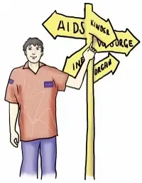 junger Mann steht neben einem Wegweiser mit Themen der BZgA (Kinder, AIDS, Organ...) junger Mann steht neben einem Wegweiser mit Themen der BZgA (Kinder, AIDS, Organ...)