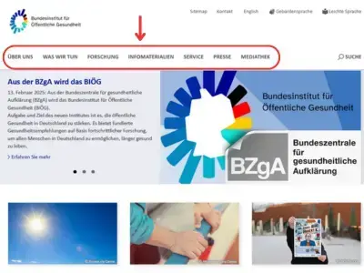 Screenshot der Seite bioeg.de mit hervorgehobener/rot umrandeter Hauptnavigation