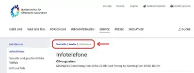 Screenshot der Seite bioeg.de mit hervorgehobenem/rot umrandeten Bereich der Breadcrumbs