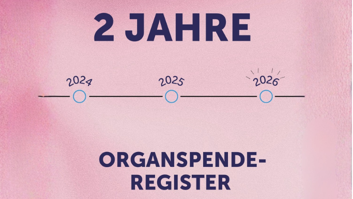 Dunkelblaue Schrift vor rosa Hintergrund: „2 Jahre Organspende-Register“
