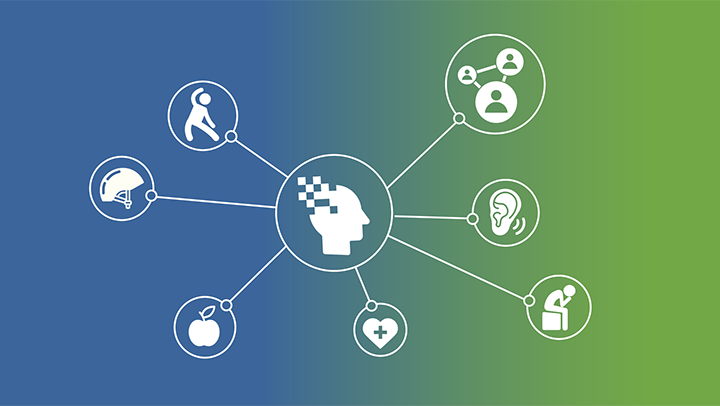 Keyvisual der 8. Bundeskonferenz “Gesund und aktiv älter werden“: Mindmap: In der Mitte ein Kopf im Profil, davon strahlenförmig abgehend Bilder eines Sport treibenden Menschen, eines Gehirns, eines Apfels, eines Herzens, einer Person, die vornübergebeugt sitzt, eines Ohrs und eines Netzwerks von Menschen. Alles in symbolhaftem Stil. Bilder sind weiß vor blau-grünem Hintergrund.