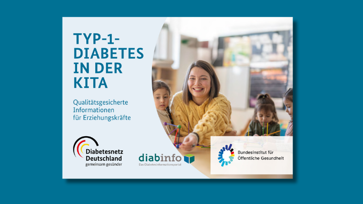 Frontseite der Infokarte “Typ-1-Diabetes in der Kita“. Untertitel „Qualitätsgesicherte Informationen für Erziehungskräfte“. Unten die Logos des Diabetesnetz Deutschland, diabinfo und des Bundesinstituts für Öffentliche Gesundheit. Angeschnitten ein Bild einer jungen Frau, die lächelnd inmitten von Kindern sitzt, die spielen.