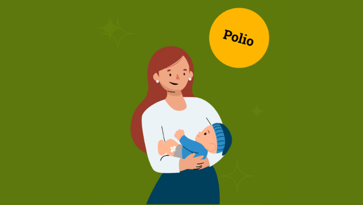 Junge Frau hält ein Baby im Arm und lächelt. Schriftzug „Polio“.